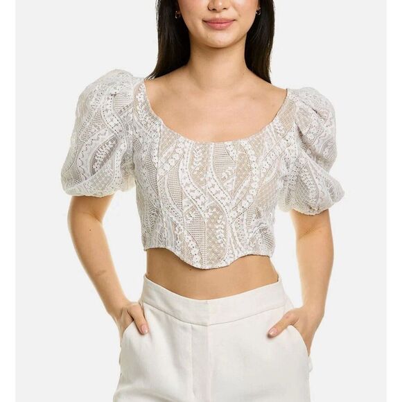 SAYLOR Tops - Saylor Jenni Top Blouse Cropped White Beige Lace Zip Puff‎ Sleeve M Retail $253